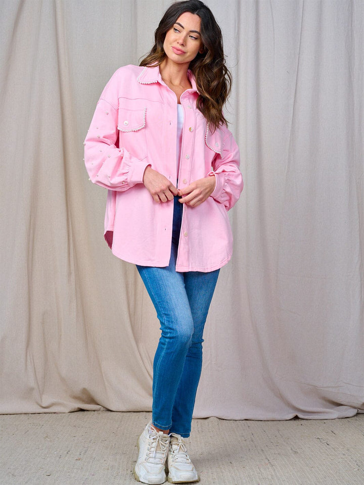 WOMEN'S LONG SLEEVE BUTTON CLOSURE FRONT POCKETS PEARL TRIM SHACKET