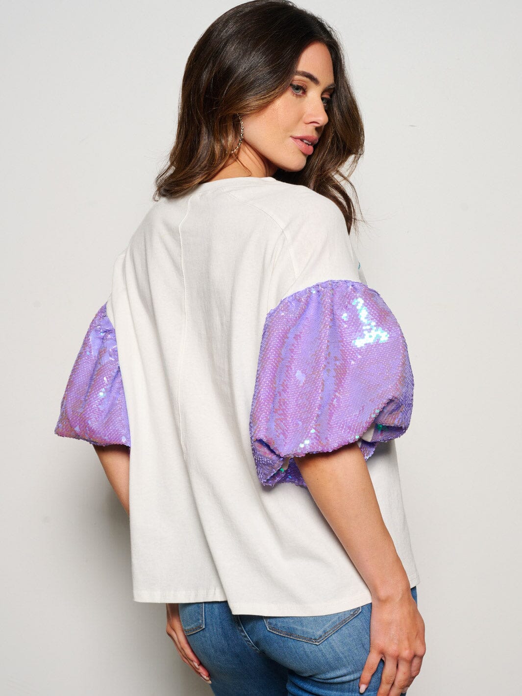 WOMEN'S SHORT SLEEVE DISCO SEQUINS GRAPHIC BLOUSE TOP