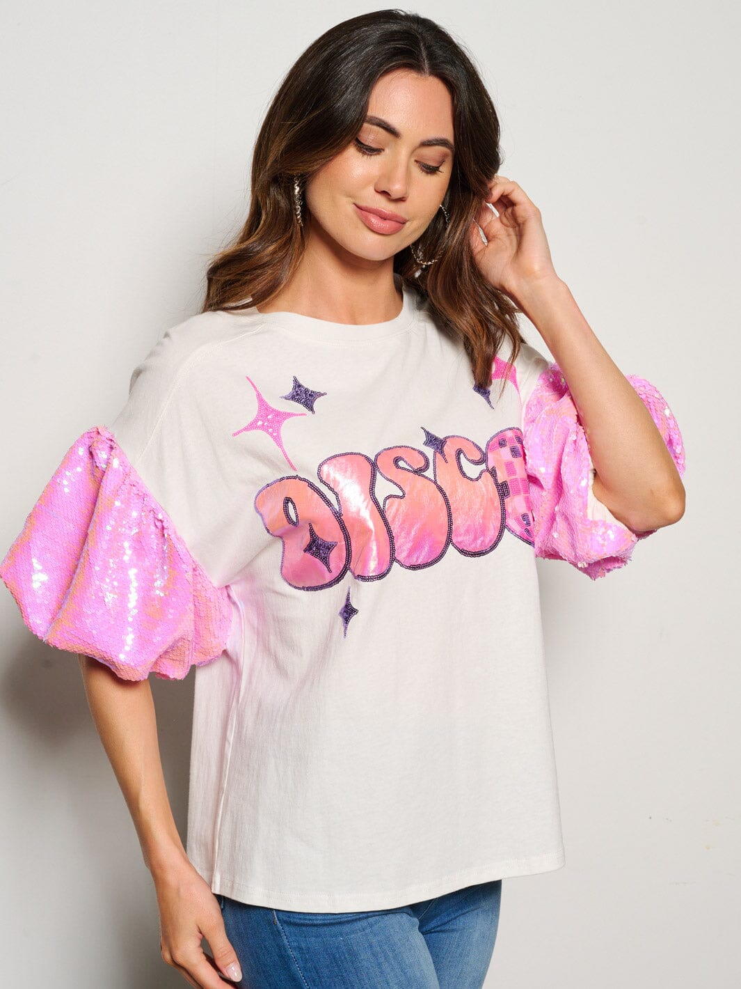 WOMEN'S SHORT SLEEVE DISCO SEQUINS GRAPHIC BLOUSE TOP