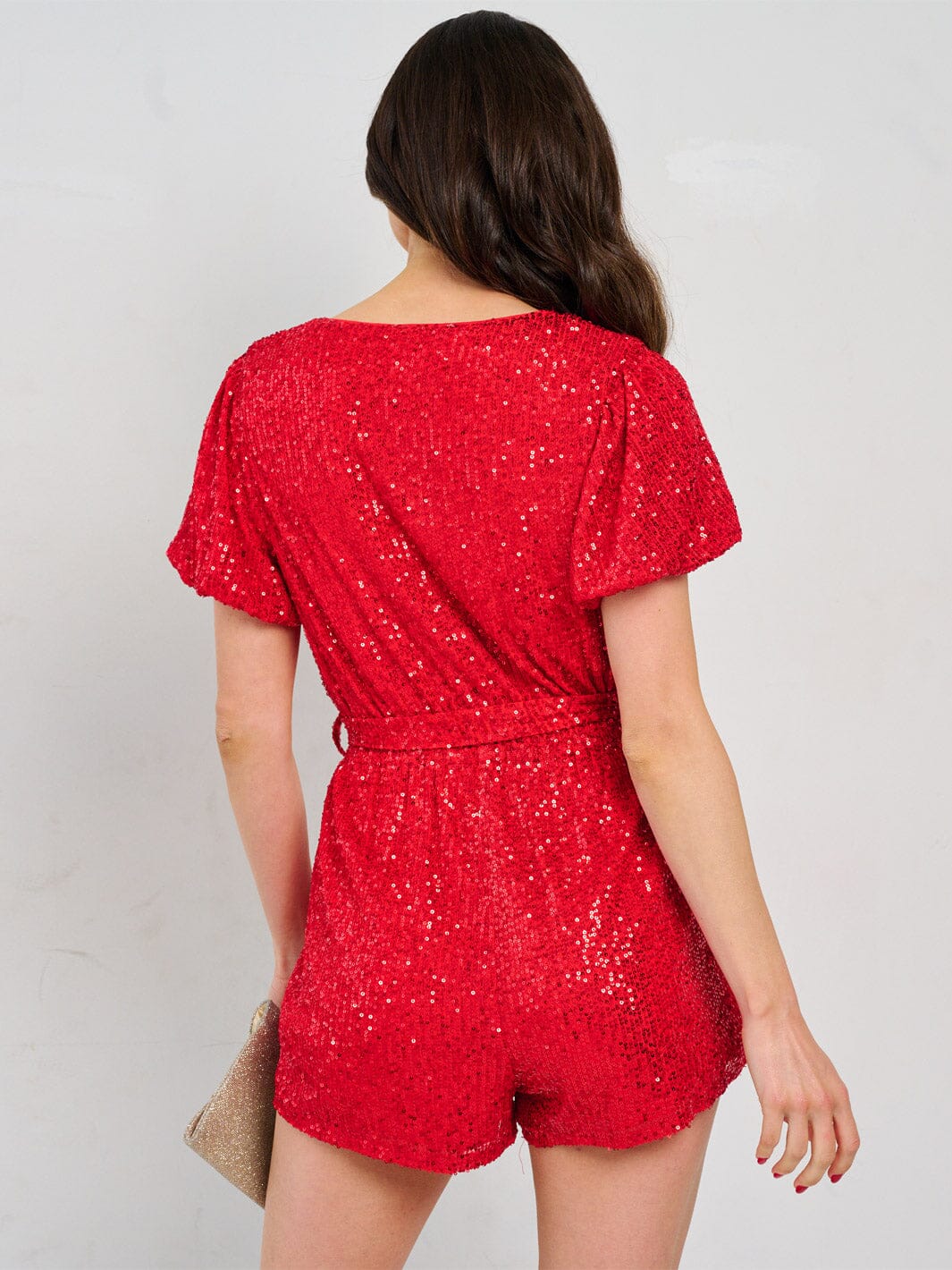 WOMEN'S SHORT SLEEVE SURPLICE SELF TIE SEQUINS ROMPER