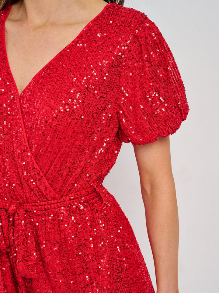 WOMEN'S SHORT SLEEVE SURPLICE SELF TIE SEQUINS ROMPER
