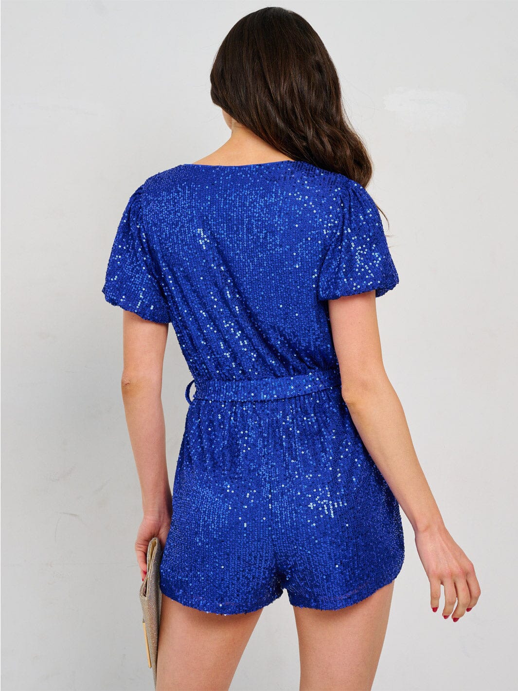 WOMEN'S SHORT SLEEVE SURPLICE SELF TIE SEQUINS ROMPER