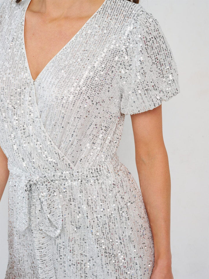 WOMEN'S SHORT SLEEVE SURPLICE SELF TIE SEQUINS ROMPER