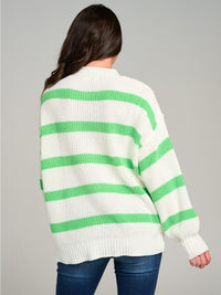 WOMEN'S LONG SLEEVE BUTTON UP COLORBLOCK STRIPES KNIT PULLOVER SWEATER
