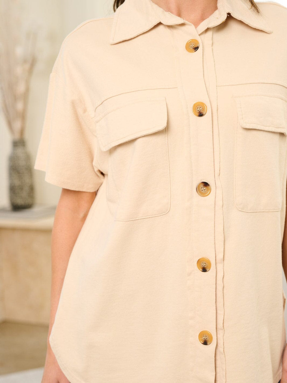 WOMEN'S SHORT SLEEVE FRONT POCKETS BUTTON UP BLOUSE TOP