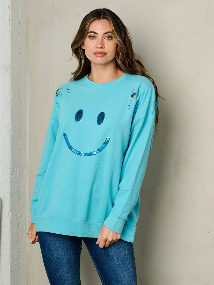 WOMEN'S LONG SLEEVE DISTRESSED GRAPHIC SEQUINS DETAILED TOP