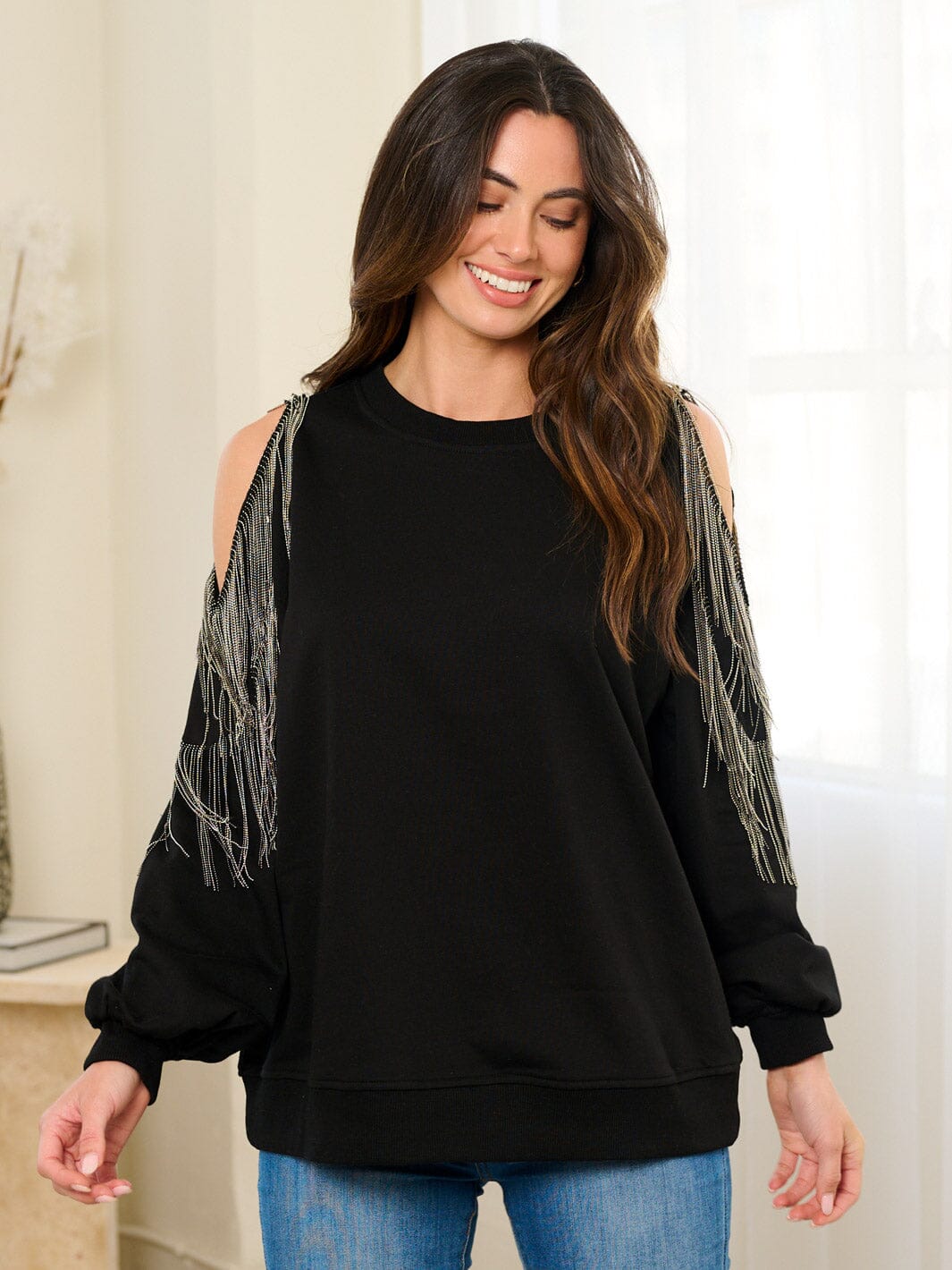 WOMEN'S LONG SLEEVES COLD SHOULDER FRINGE DETAILED TOP