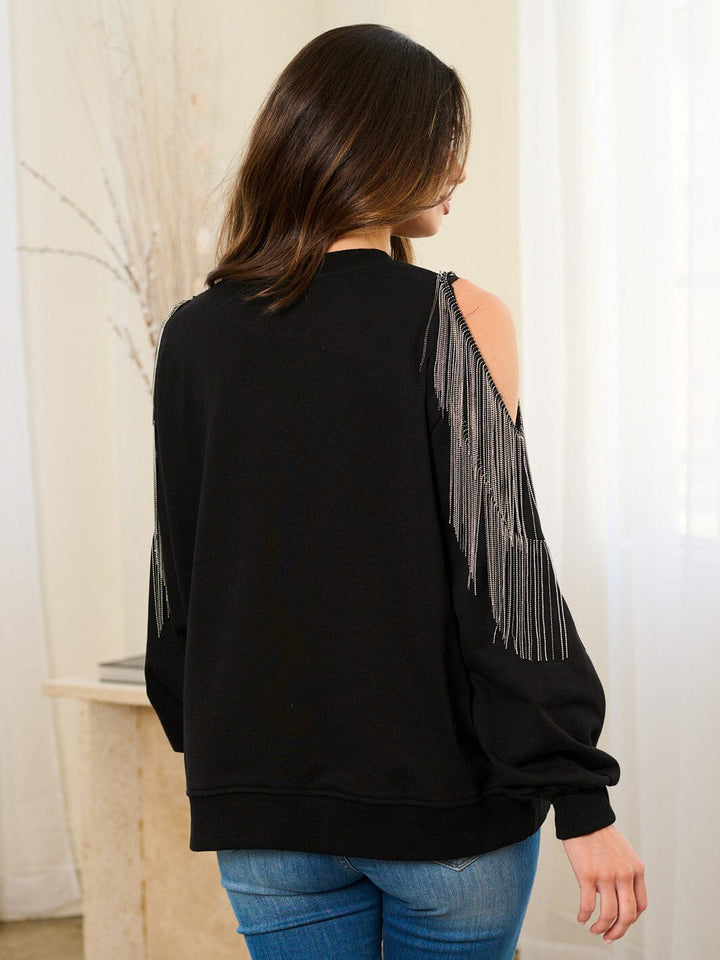 WOMEN'S LONG SLEEVES COLD SHOULDER FRINGE DETAILED TOP