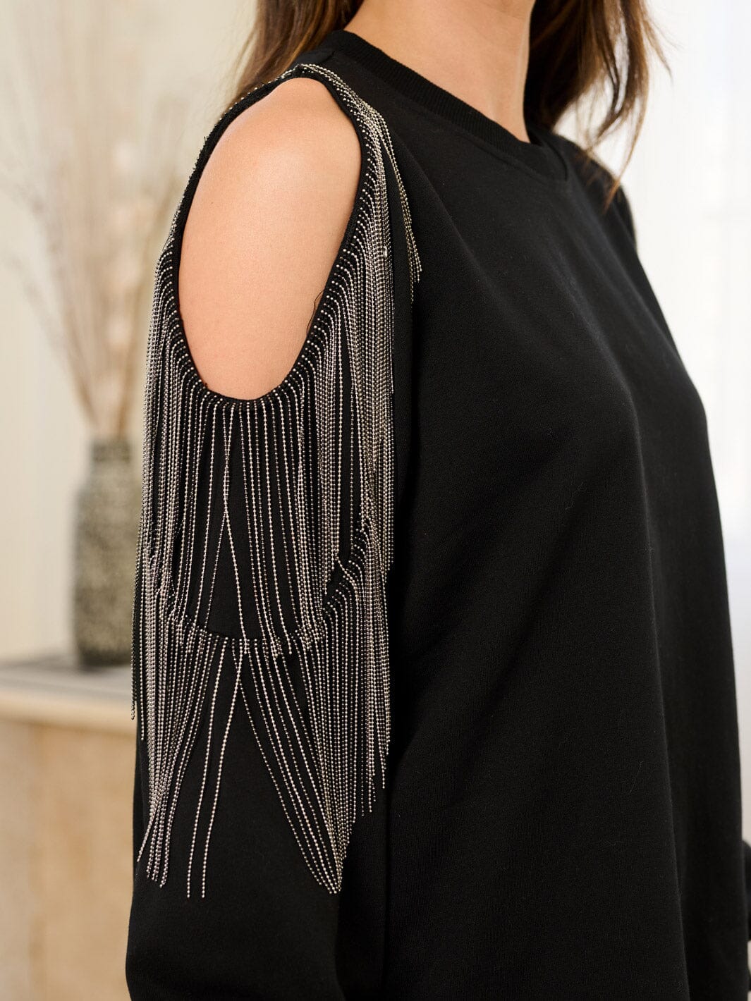 WOMEN'S LONG SLEEVES COLD SHOULDER FRINGE DETAILED TOP