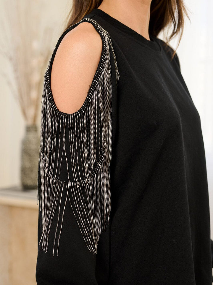 WOMEN'S LONG SLEEVES COLD SHOULDER FRINGE DETAILED TOP