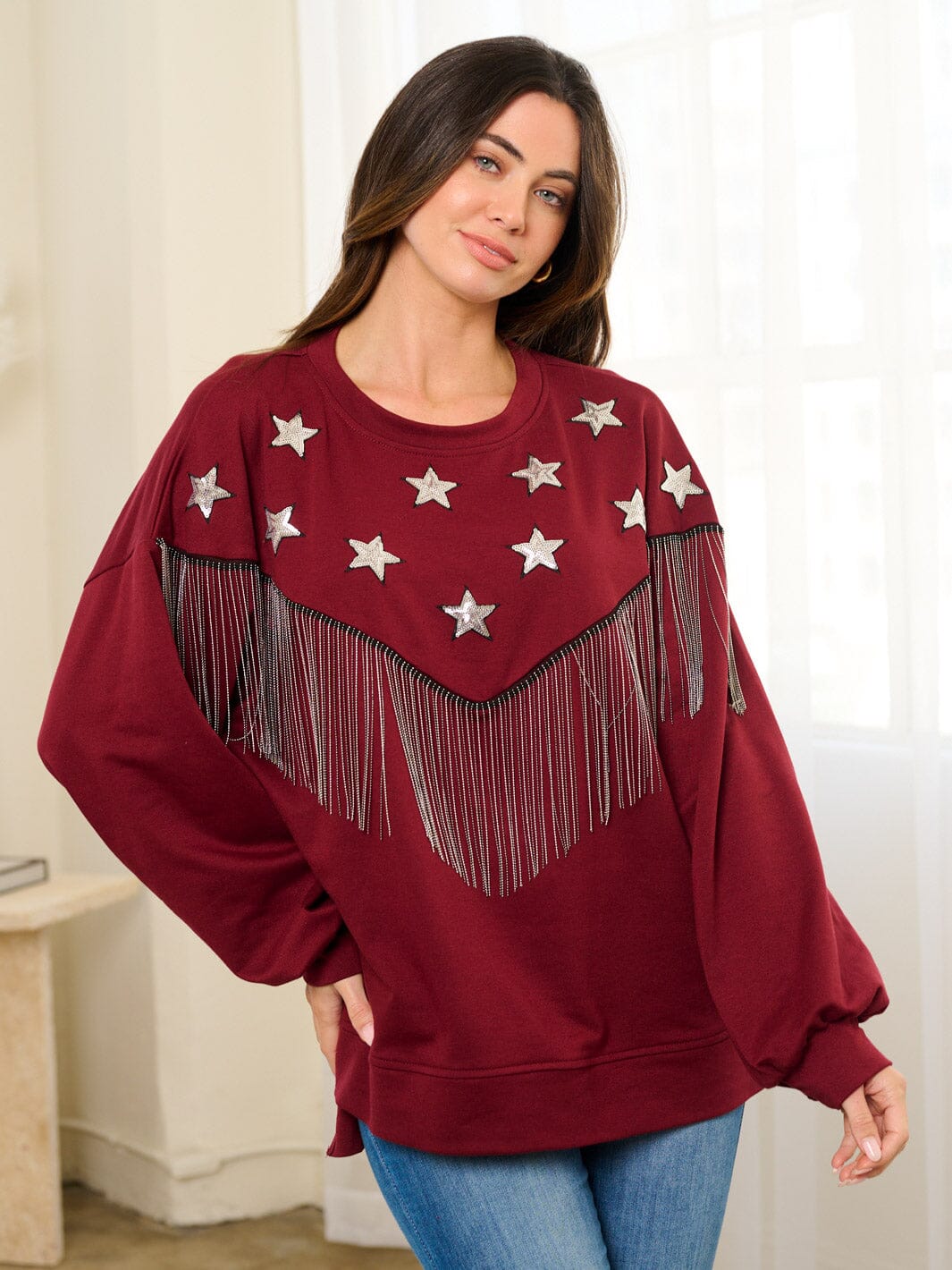 WOMEN'S LONG SLEEVE OVERSIZED STARS FRINGE TOP