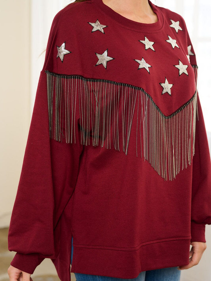 WOMEN'S LONG SLEEVE OVERSIZED STARS FRINGE TOP