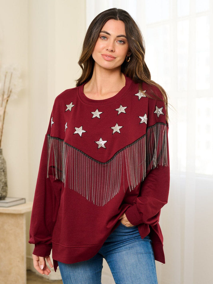 WOMEN'S LONG SLEEVE OVERSIZED STARS FRINGE TOP