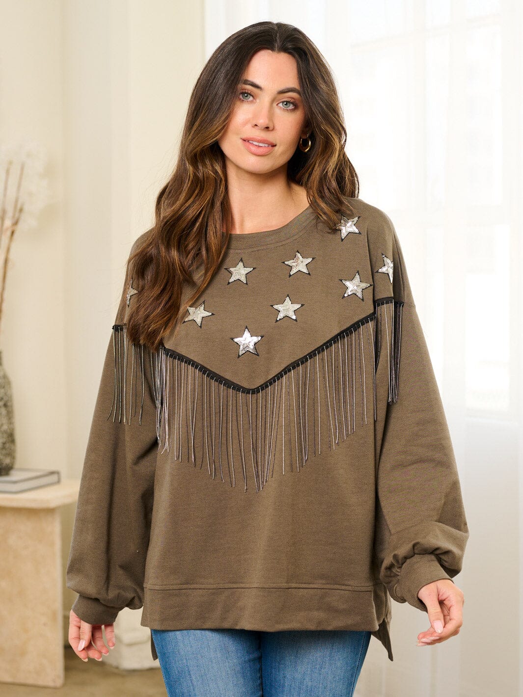 WOMEN'S LONG SLEEVE OVERSIZED STARS FRINGE TOP