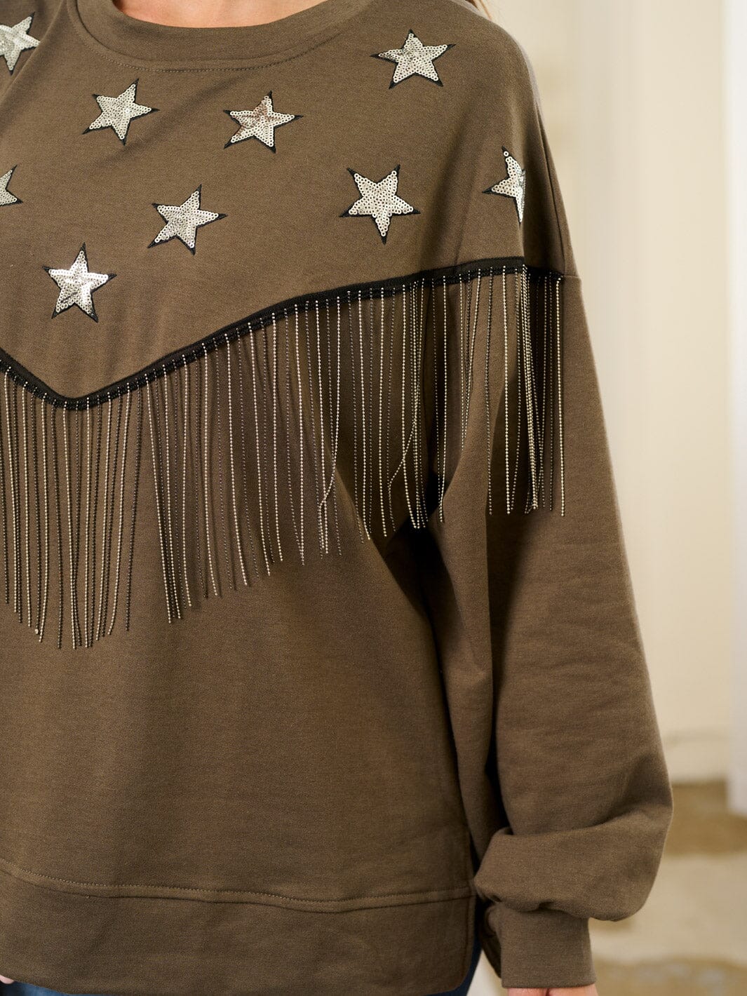 WOMEN'S LONG SLEEVE OVERSIZED STARS FRINGE TOP