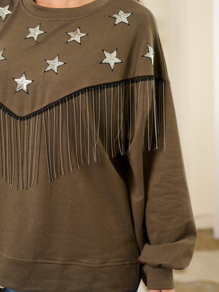 WOMEN'S LONG SLEEVE OVERSIZED STARS FRINGE TOP