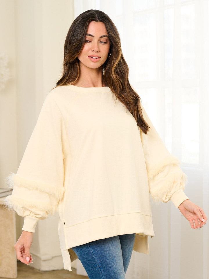 WOMEN'S LONG FEATHER SLEEVE OVERSIZED HIGH-LOW TOP