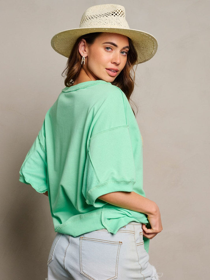 WOMEN'S SHORT SLEEVE SEQUINS GRAPHIC DETAILED TOP