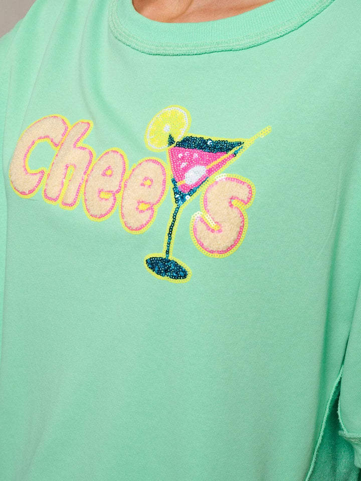 WOMEN'S SHORT SLEEVE SEQUINS GRAPHIC DETAILED TOP