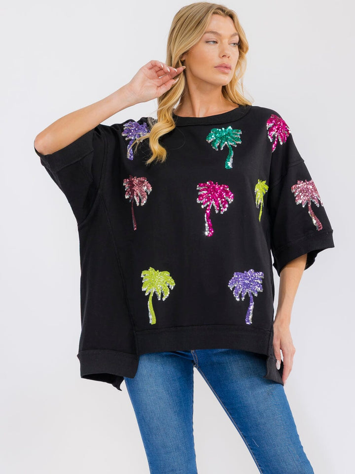 WOMEN'S SHORT SLEEVE SEQUINS GRAPHIC HIGH-LOW OVERSIZED SHIRT