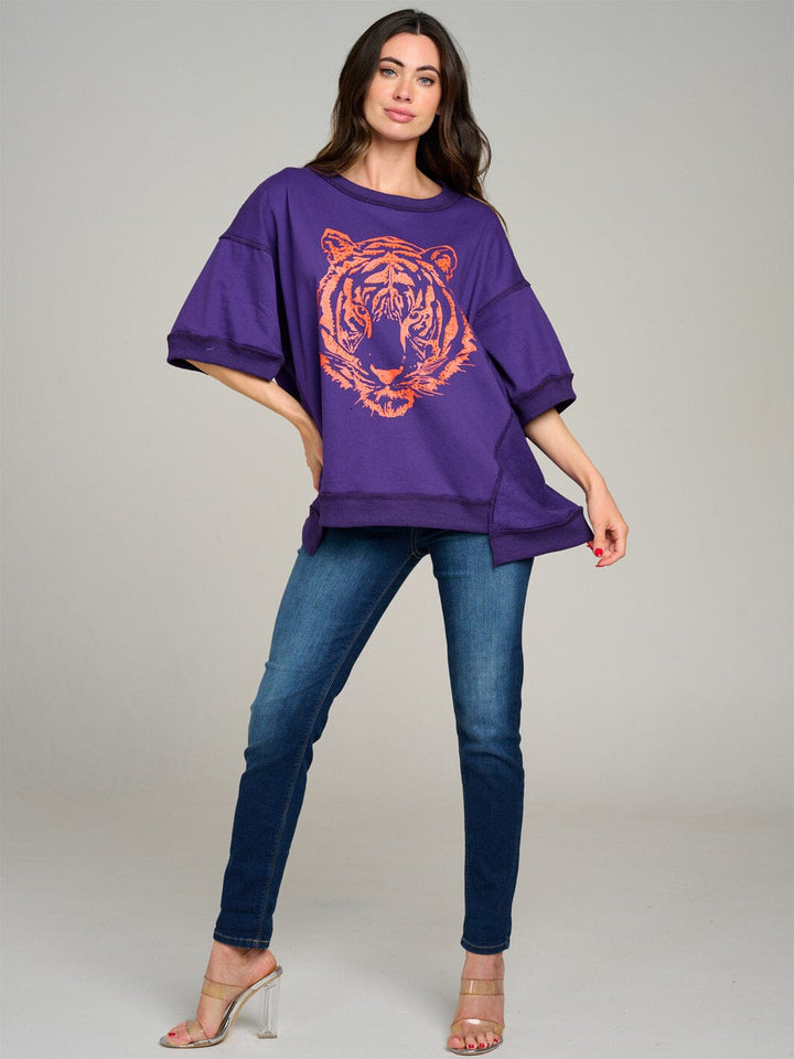 WOMEN'S SHORT SLEEVE GRAPHIC HIGH-LOW OVERSIZED TOP