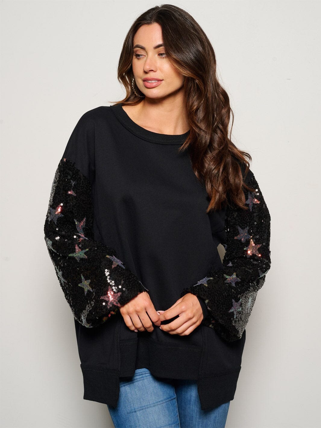 WOMEN'S LONG SLEEVE SEQUINS STARS LOOSE FIT SWEATER