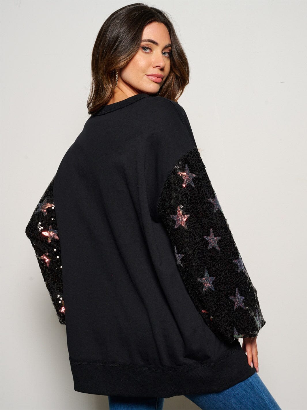 WOMEN'S LONG SLEEVE SEQUINS STARS LOOSE FIT SWEATER