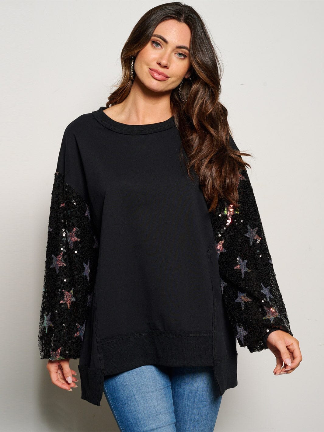 WOMEN'S LONG SLEEVE SEQUINS STARS LOOSE FIT SWEATER
