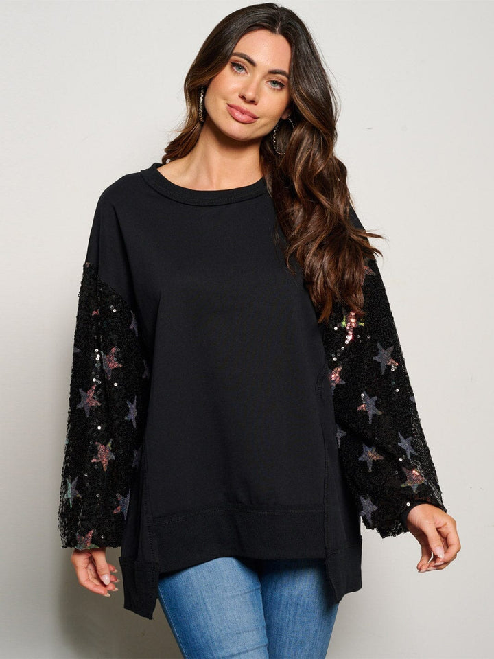 WOMEN'S LONG SLEEVE SEQUINS STARS LOOSE FIT SWEATER