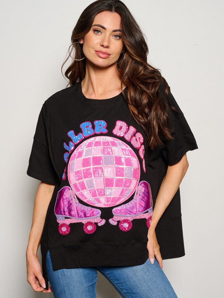 WOMEN'S SHORT SLEEVE SEQUINS GRAPHIC OVERSIZED TOP