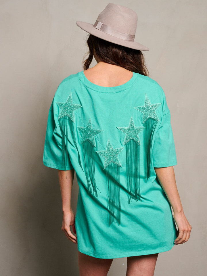 WOMEN'S SHORT SLEEVE SEQUINS FRINGE STARS BACK DETAILED TOP
