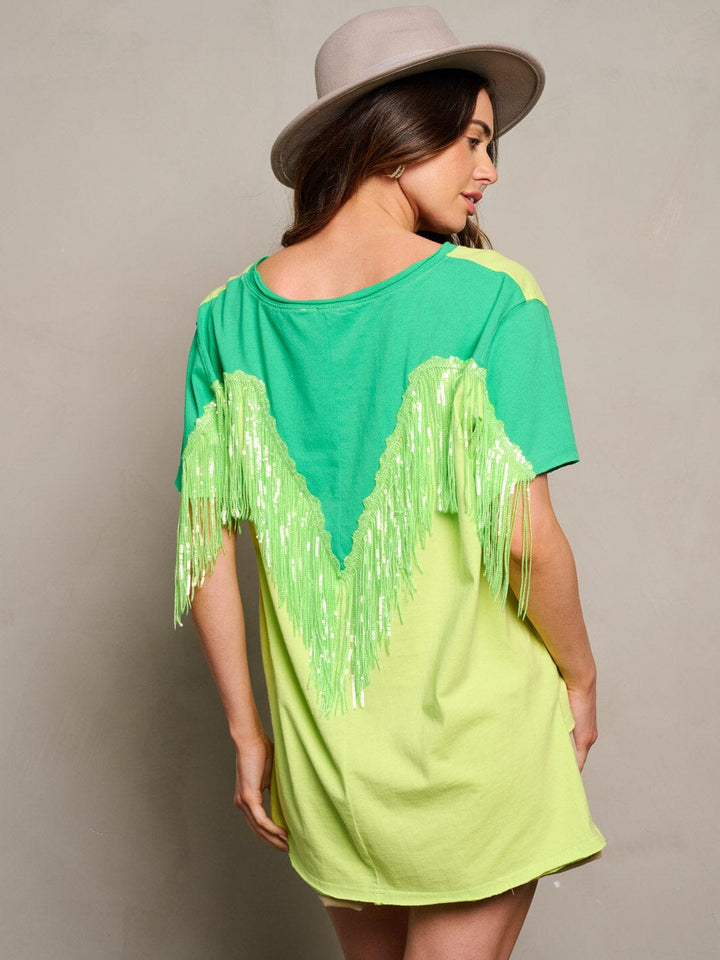 WOMEN'S SHORT SLEEVE SEQUINS FRINGE BACK DETAILED COLORBLOCK TOP