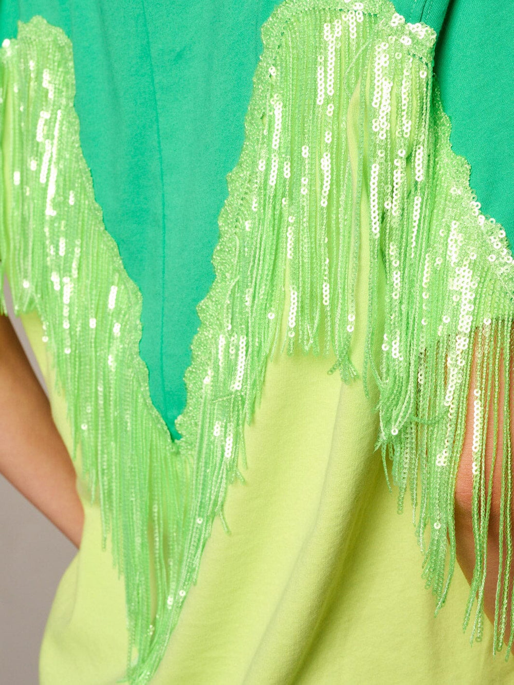 WOMEN'S SHORT SLEEVE SEQUINS FRINGE BACK DETAILED COLORBLOCK TOP