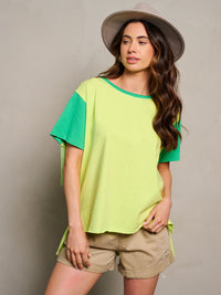 WOMEN'S SHORT SLEEVE SEQUINS FRINGE BACK DETAILED COLORBLOCK TOP