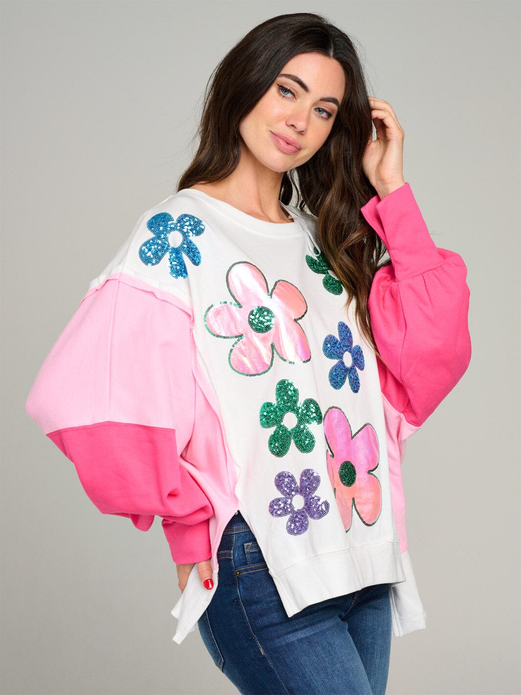 WOMEN'S LONG SLEEVE SIDE SLIT COLORBLOCK FLORAL PULLOVER SWEATER