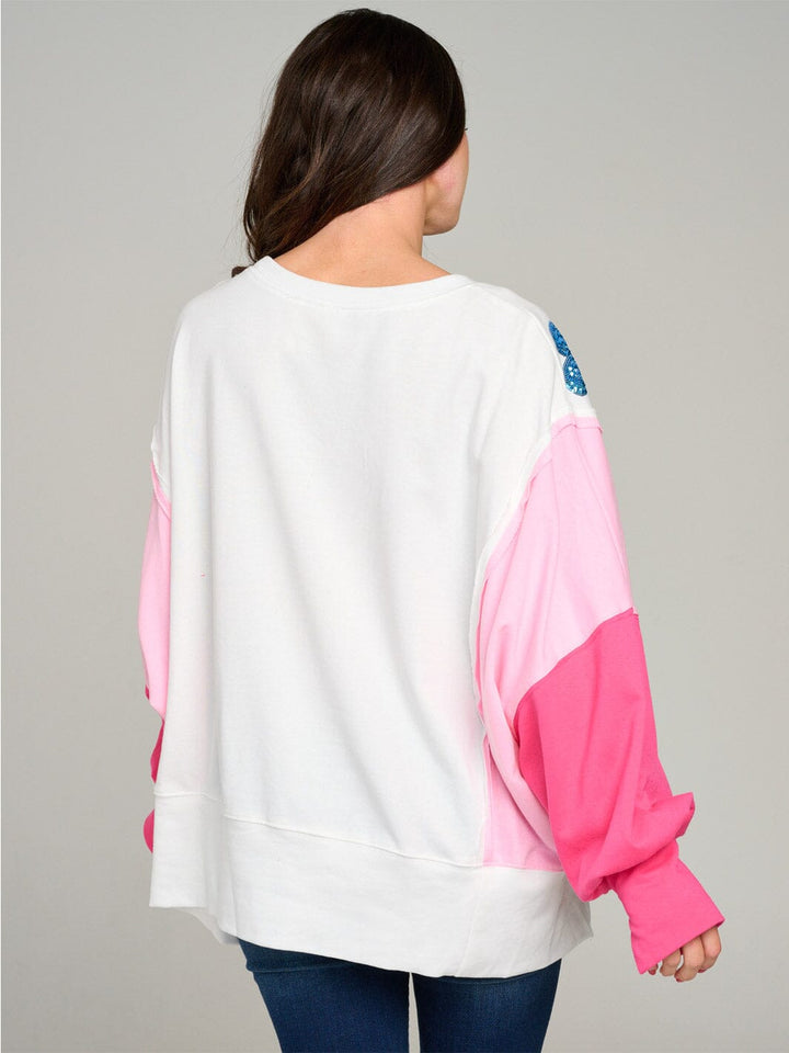 WOMEN'S LONG SLEEVE SIDE SLIT COLORBLOCK FLORAL PULLOVER SWEATER