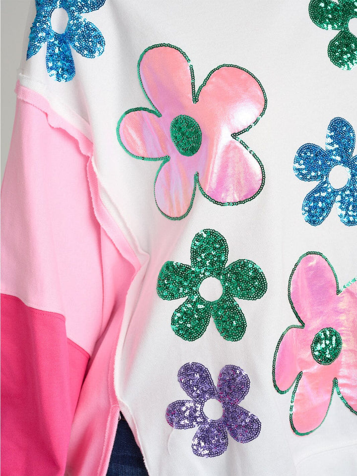 WOMEN'S LONG SLEEVE SIDE SLIT COLORBLOCK FLORAL PULLOVER SWEATER