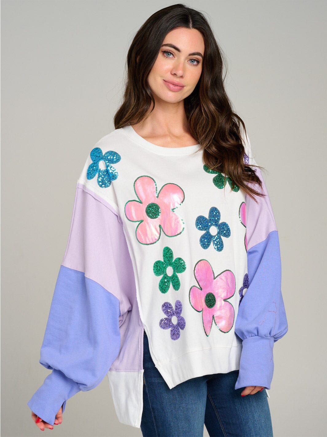 WOMEN'S LONG SLEEVE SIDE SLIT COLORBLOCK FLORAL PULLOVER SWEATER