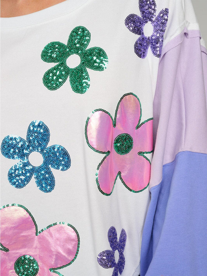 WOMEN'S LONG SLEEVE SIDE SLIT COLORBLOCK FLORAL PULLOVER SWEATER