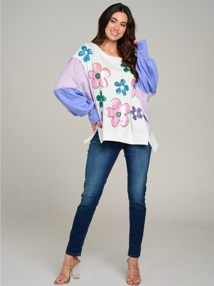 WOMEN'S LONG SLEEVE SIDE SLIT COLORBLOCK FLORAL PULLOVER SWEATER