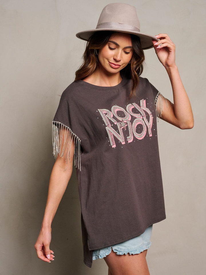 WOMEN'S SHORT SLEEVE STUDS FRINGE GRAPHIC TOP