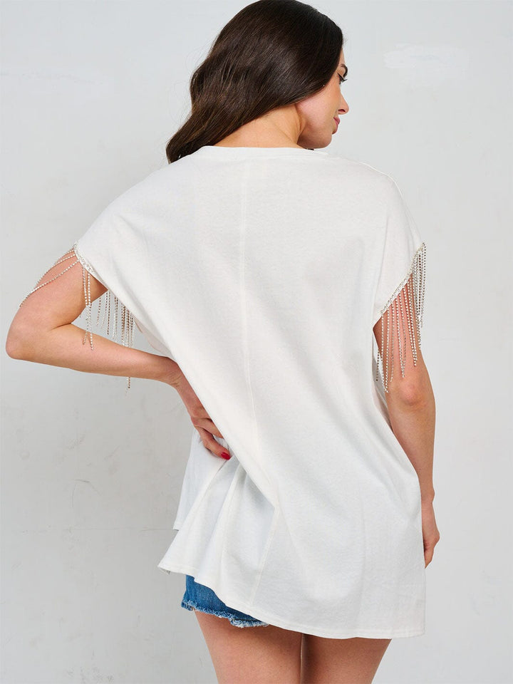 WOMEN'S SHORT SLEEVE GRAPHIC PATRIOTIC STUDS FRINGE SHIRT