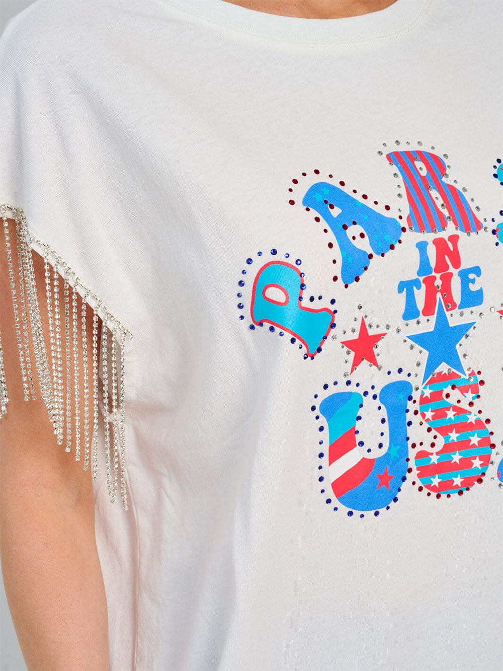 WOMEN'S SHORT SLEEVE GRAPHIC PATRIOTIC STUDS FRINGE SHIRT