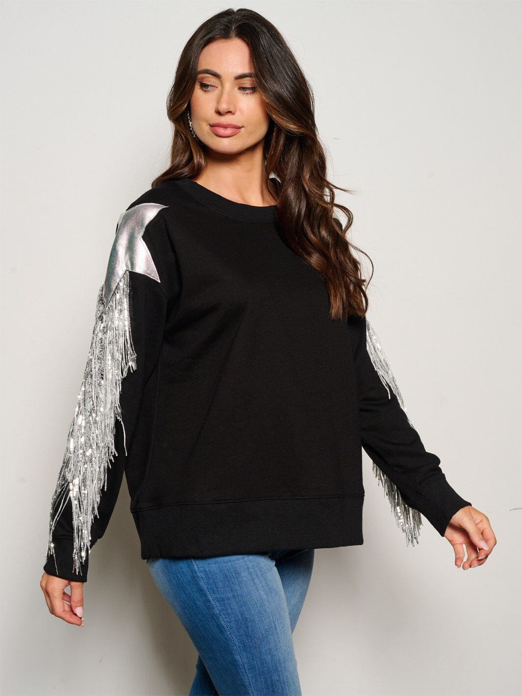 WOMEN'S LONG SLEEVE FRINGE SEQUINS DETAILED SWEATER