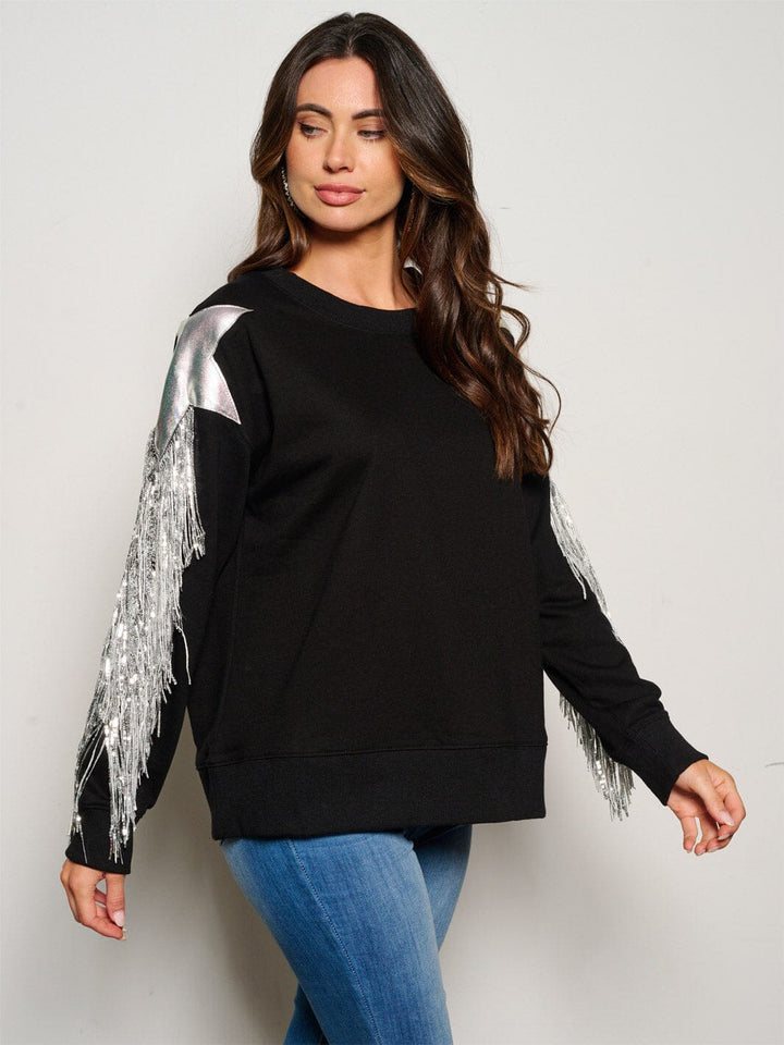 WOMEN'S LONG SLEEVE FRINGE SEQUINS DETAILED SWEATER