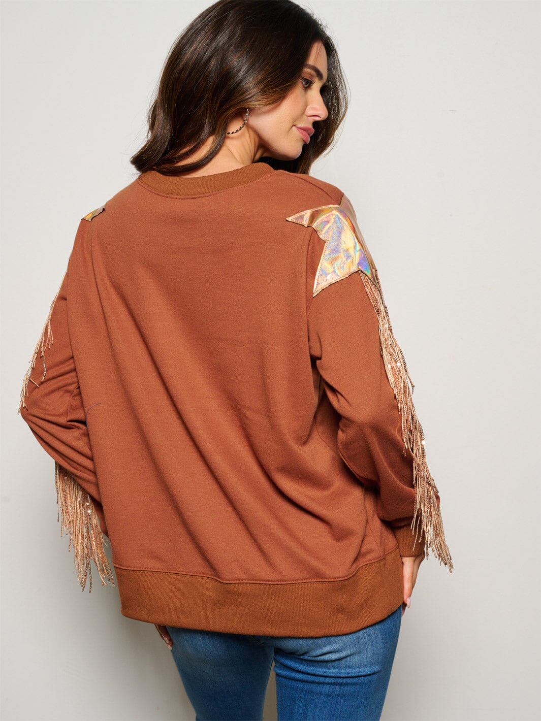 WOMEN'S LONG SLEEVE FRINGE SEQUINS DETAILED SWEATER