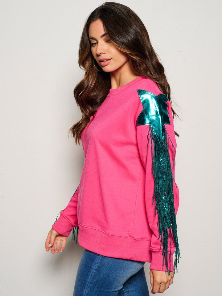 WOMEN'S LONG SLEEVE FRINGE SEQUINS DETAILED SWEATER