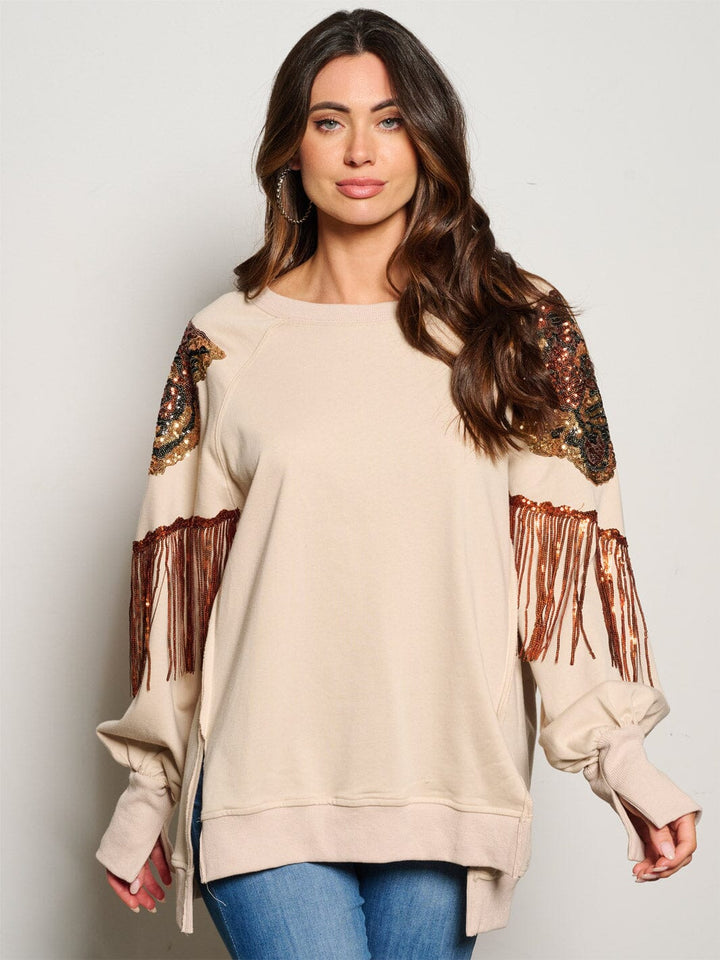 WOMEN'S LONG SLEEVE GRAPHIC SEQUINS DETAILED SWEATER