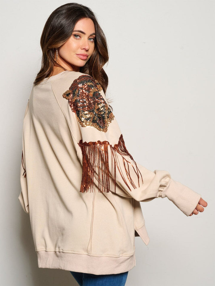 WOMEN'S LONG SLEEVE GRAPHIC SEQUINS DETAILED SWEATER