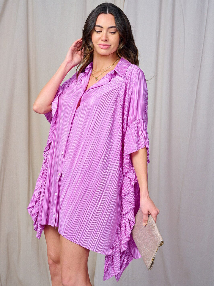 WOMEN'S SHORT SLEEVE BUTTON UP RUFFLE TUNIC MINI DRESS